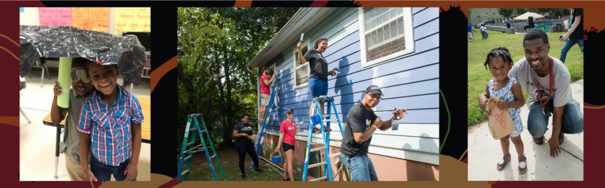 Children and Home Depot volunteers at one of the homes that are being refurbished. 