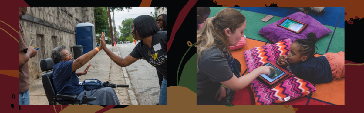 Volunteers helping. Woman giving a high-five to a woman in a wheelchair. Volunteer reading from a tablet to a child. 