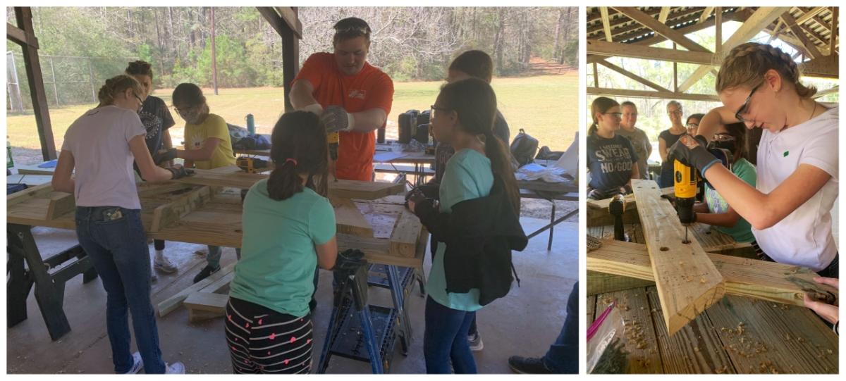 Home Depot volunteers working with Girl Scouts.