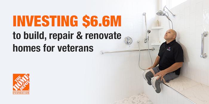 Investing $6.6M to build, repair & renovate homes for veterans. Veteran, who has lost both legs below the knee, is seated on a bench in a bathtub.