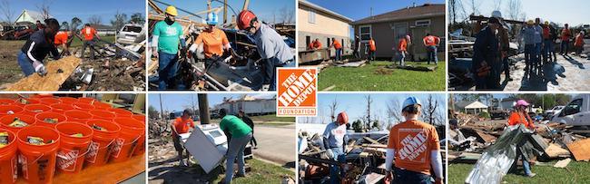 Photo montage of The Home Depot Foundation volunteers assisting in the clean up and rebuilding of homes damaged by natural disasters.