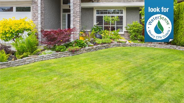 Look for WaterSense EPA; Meets EPA Criteria logo. Photo of a grassy back yard.