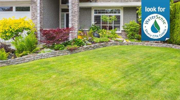 Look for WaterSense EPA; Meets EPA Criteria logo. Photo of a grassy back yard.