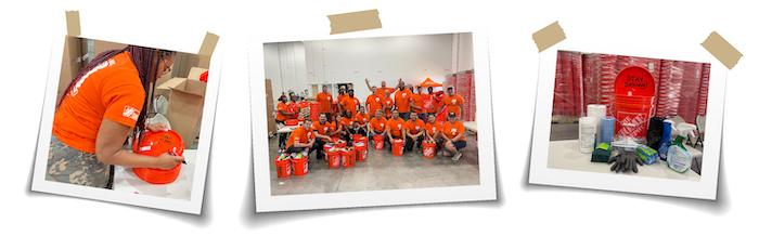 Home Depot employees preparing disaster kits.