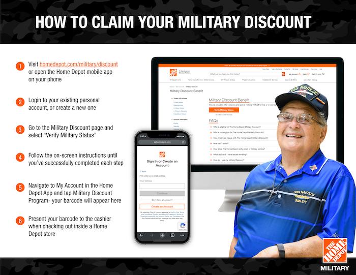HOW TO CLAIM YOUR MILITARY DISCOUNT. Visit homedenot.com/military/discount or open the Home Depot mobile app on your phone. Login to your existing personal account, or create a new one. Go to the Military Discount page and select "Verify Military Status. Follow the on-screen instructions until you've successfully completed each step. ) Navigate to My Account in the Home Depot App and tap Military Discount Program- your barcode will appear here. 16 Present your barcode to the cashier when checking out inside
