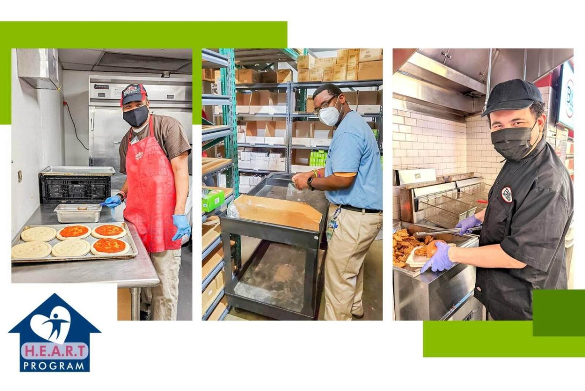 Collage of pictures: A person making pizzas, a person in a walk-in cooler collecting food, and a person in chef uniform taking food out of a fryer.