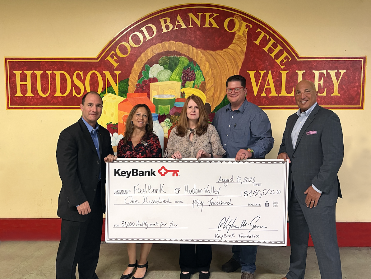 From left: KeyBank Area Retail Leader Matthew Lake; Chester Branch Manager Denise Moderno-May; Food Bank of the Hudson Valley Director Sara Gunn: Director of Warehouse Operations John Lubbers; and KeyBank Market President John Manginelli. Photo credit: KeyBank " "