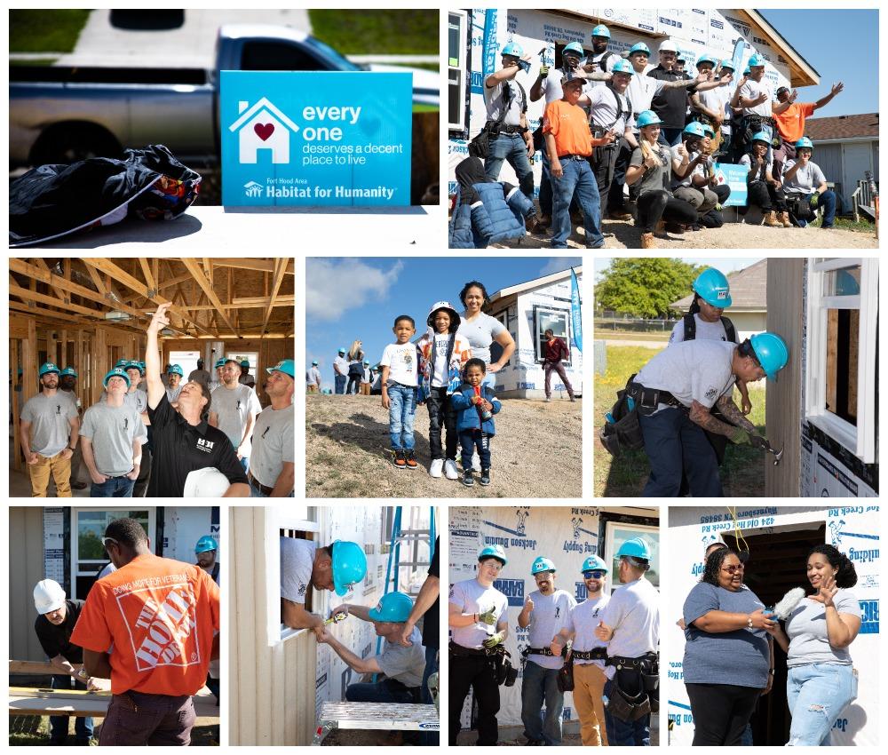 Photo collage showing The Home Depot and Path to Pro volunteers building a home.