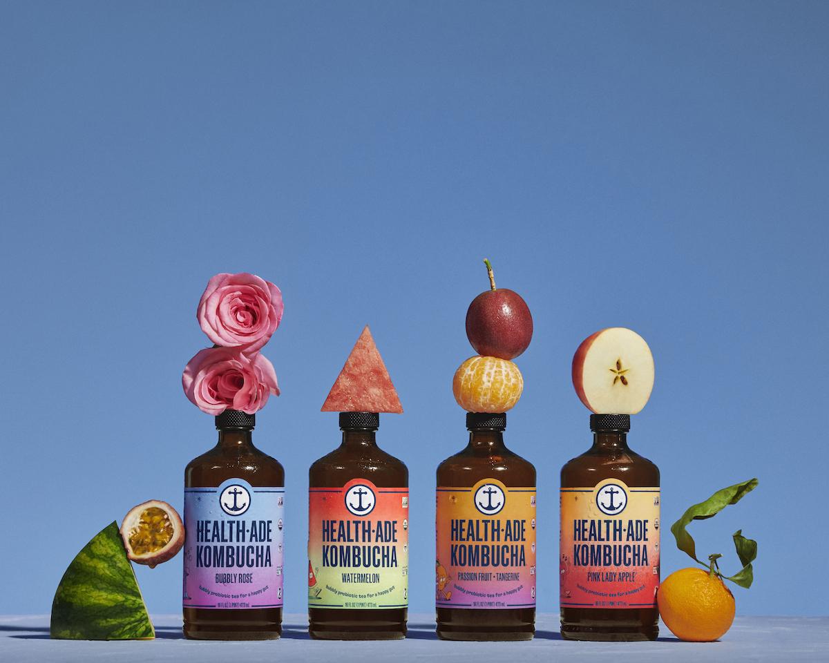 four bottles of Health Ade Kombucha side-by-side