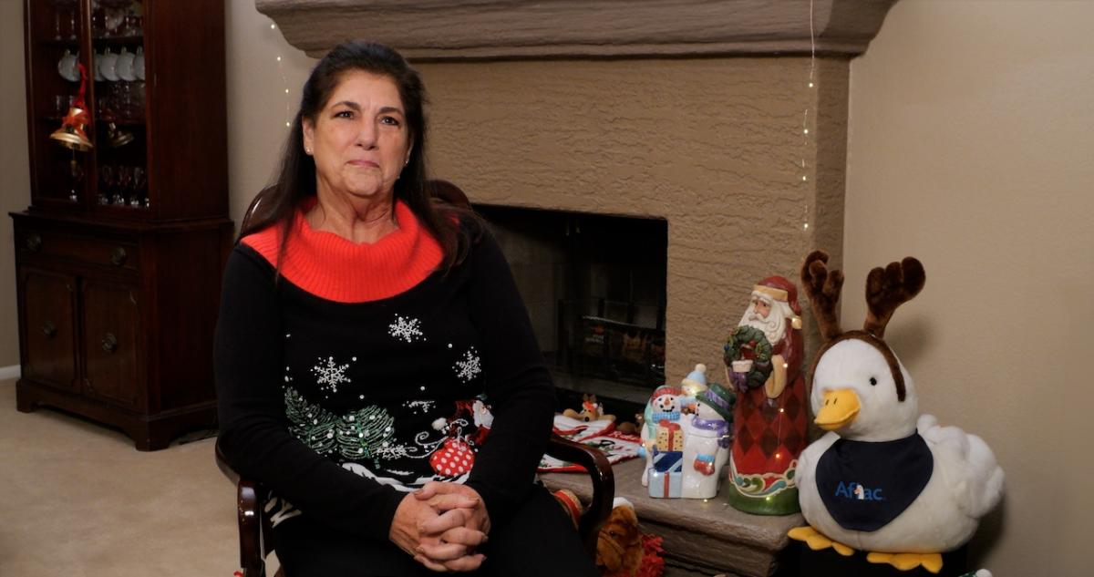 Julie Goodhue shown with her Aflac Holiday Ducks.