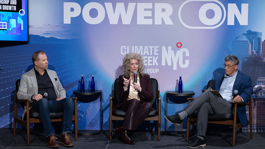 Holly Paeper, President of Commercial HVAC Americas for Trane Technologies, in conversation with Chris Wellise, VP of Sustainability for Equinix and Jeff Young, Environment and Sustainability Editor for Newsweek at Climate Group about the role of climate tech in the data economy.
