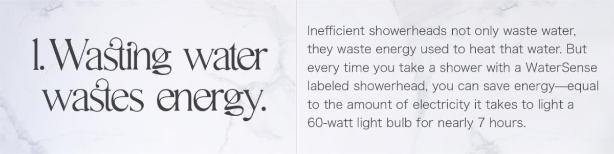 1.Wasting water wastes energy. Inefficient showerheads not only waste water, they waste energy used to heat that water. But every time you take a shower with a WaterSense labeled showerhead, you can save energy-equal to the amount of electricity it takes to light a 60-watt light bulb for nearly 7 hours.