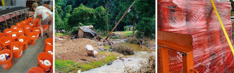 Volunteers, relief kits and flood damage in Kentucky.