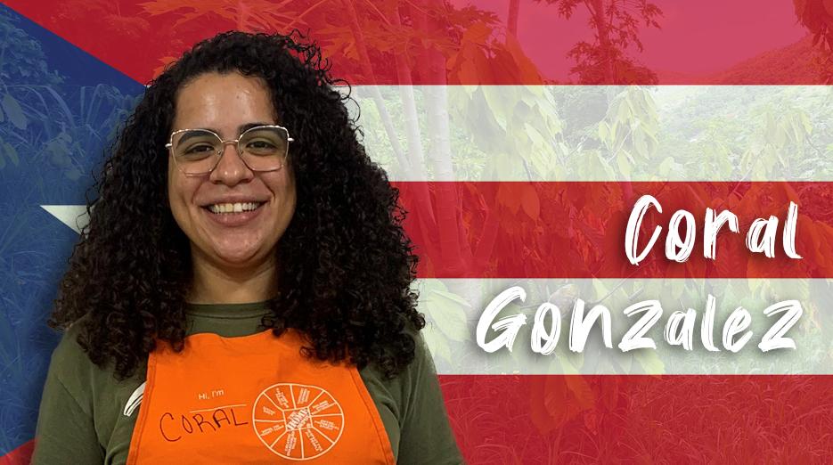 Coral Gonzalez shown in front of the flag of Puerto Rico.