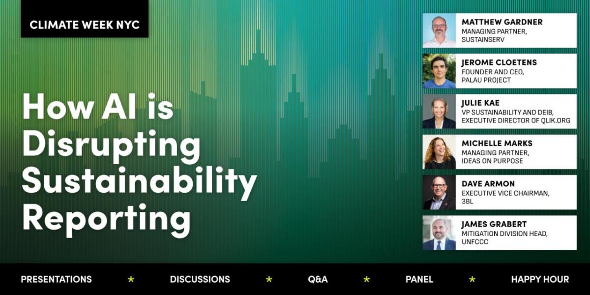 "How AI is Disrupting Sustainability Reporting" with headshots of speakers