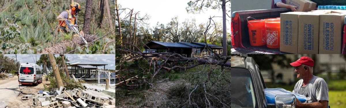 collage of several images of hurricane damage and of volunteers assisting