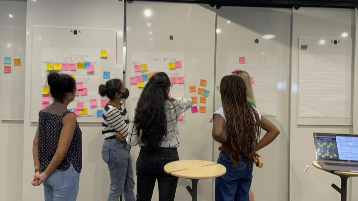 students stand in front of white boards covered in bright sticky notes