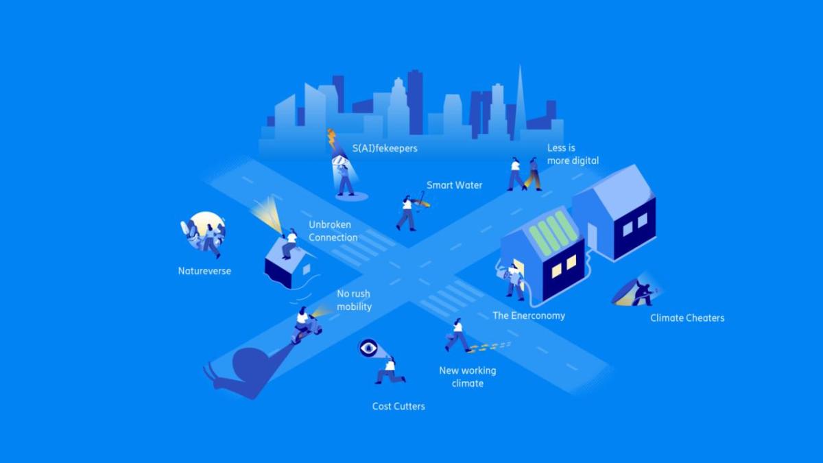 Info graphic showing an abstract crossroads and symbols of different consumer concerns all around them and homes and a city skyline.