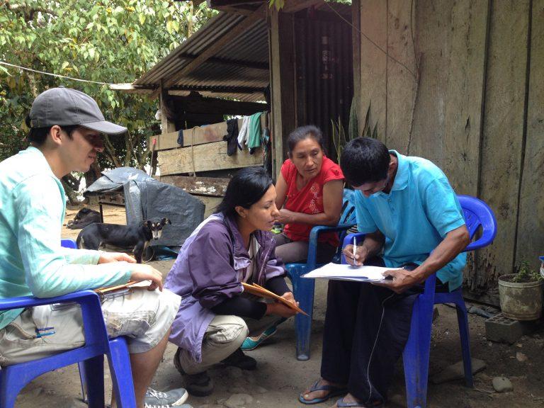 Researchers Danieal Yepez and Wanger Laines interview smallholder cocoa farmers in Peru. Photo: World Agroforestry Centre/Trent Blare
