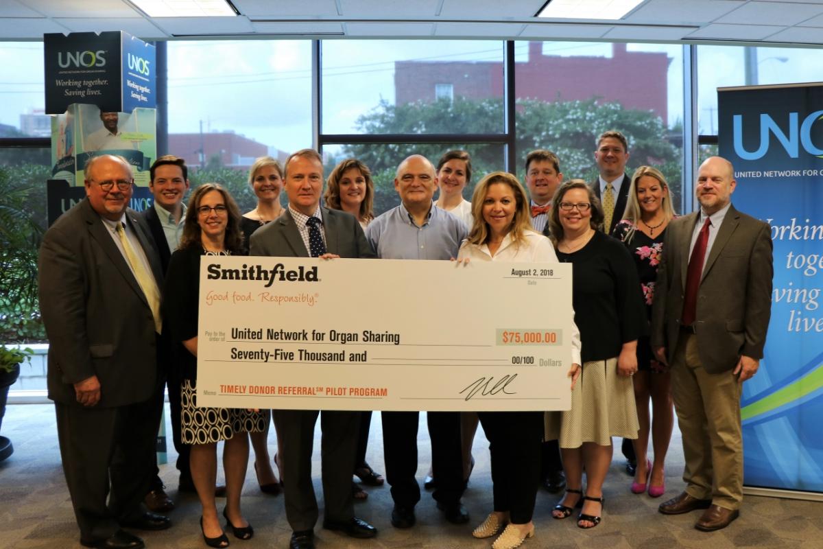Smithfield Foods Presents a $75,000 Donation to the United Network for Organ Sharing (UNOS) to Fund the Proof-of-Concept Phase for Their Timely Donor Referral Technology Pilot Program.