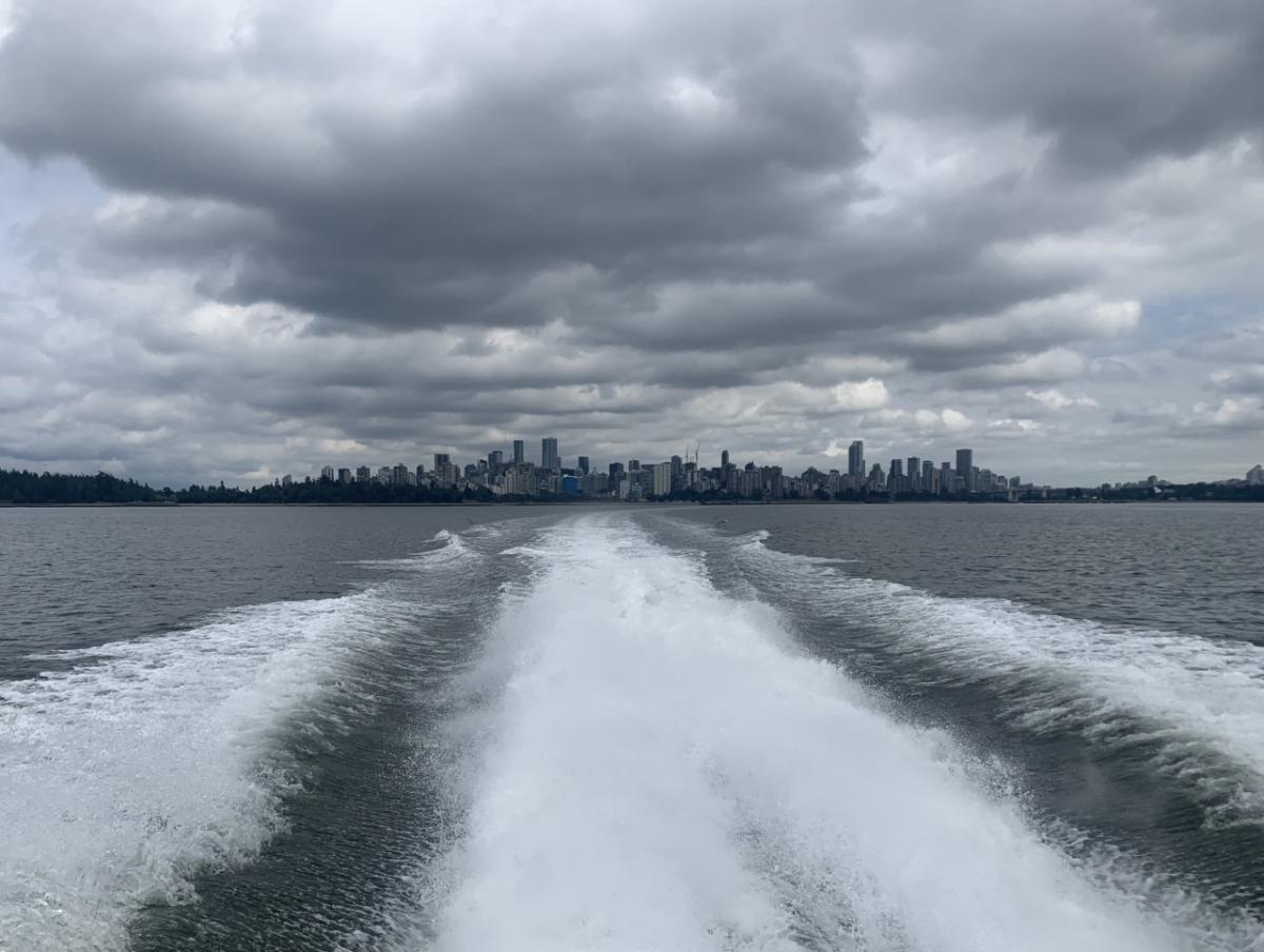 wake of a boat on a cloudy day