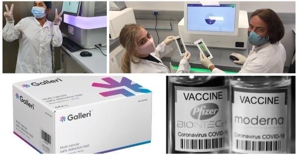 Clockwise from top left: Afroza Tanni loading samples at Dr. Senjuti Saha's lab in Bangladesh; Dr. de Oliveira's lab in South Africa; Pfizer/BioNtech and Moderna mRNA vaccines; Grail Galleri Multi-cancer early detection test kit