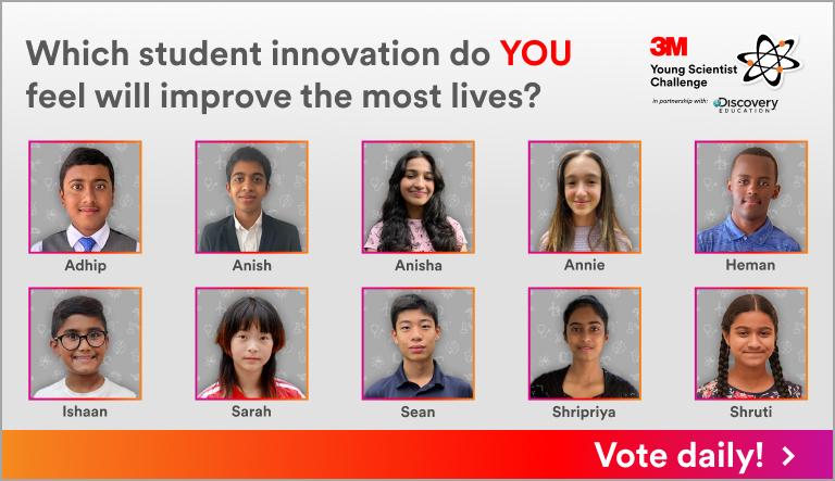 "Which student innovation do YOU feel will improve the most lives?" with headshots of students