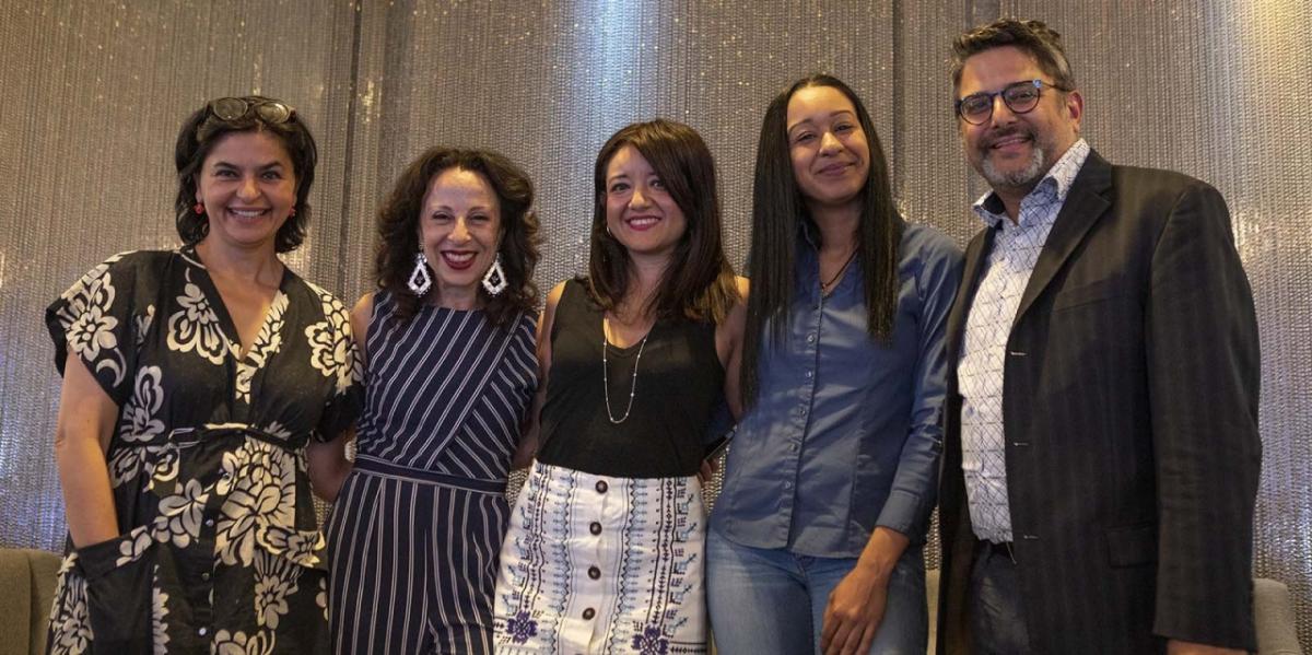 From L to R: HBO’s Doris Casap; In The Thick’s Maria Hinojosa; Comedy Central, TV Land and Paramount Network’s Erika Soto Lamb; HBOs Jessica Leonardo; and In The Thick’s Julio Ricardo Varela after a live taping of the ‘In The Thick Podcast’ at Viacom’s Times Square headquarters on June 4, 2019.