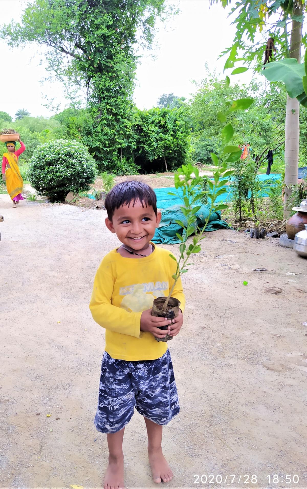 child holding a young plant