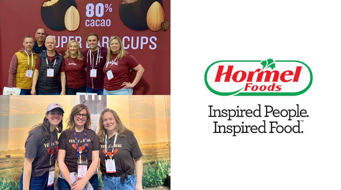 Collage of three pictures two of groups of people posed for the camera, wearing matching t-shirts and lanyard badges in front of different Hormel displays. On the right The Hormel logo "inspired people. Inspired food."