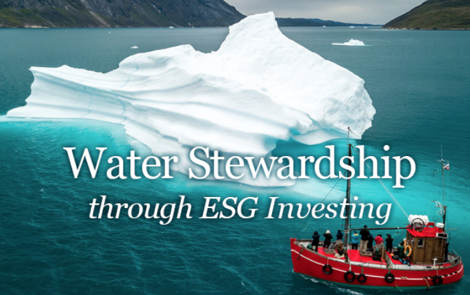 Ship and iceberg with text: Water Stewardship through ESG Investing