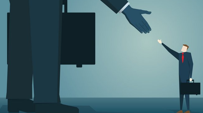 ESG Ratings Research artistic rendering of a giant person shaking hands with a tiny person
