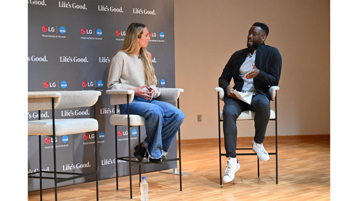 Johnny Milabu of LG Electronics moderates a discussion about mental health with WNBA player Lexie Hull Friday, April 3, 2026, in Indianapolis, Indiana.
