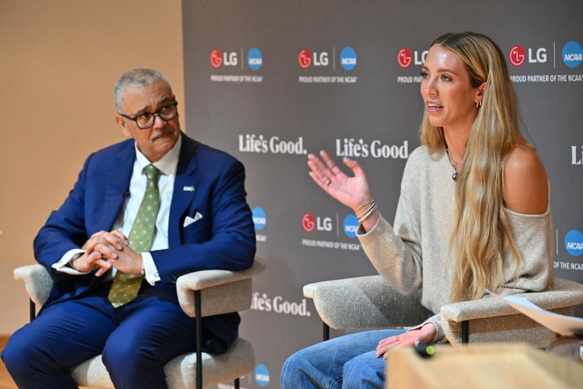 Daniel Gillison, CEO of the National Alliance on Mental Illness (NAMI), left, and WNBA player Lexie Hull, right, participate in a discussion on maintaining good mental health hosted by LG Electronics and NAMI on Friday, April 3, 2026, in Indianapolis, Indiana.