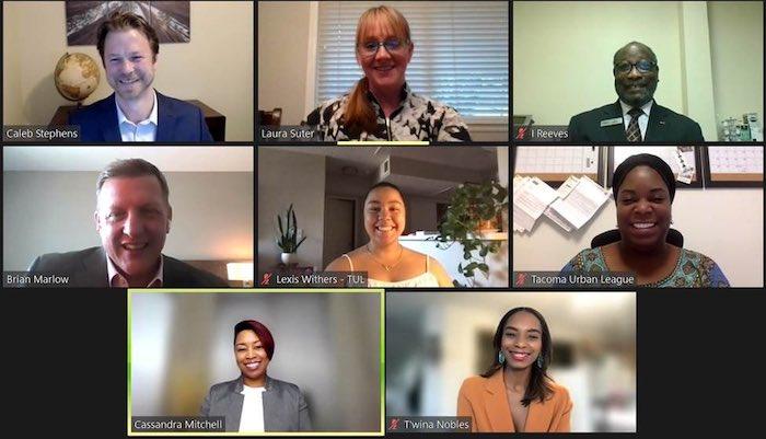 Team members from the Tacoma Urban League and KeyBank are shown on a Zoom call.