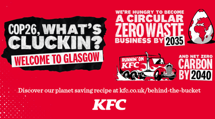 Graphic featuring KFC's 2035 circular zero waste goal and 2040 net zero carbon goal