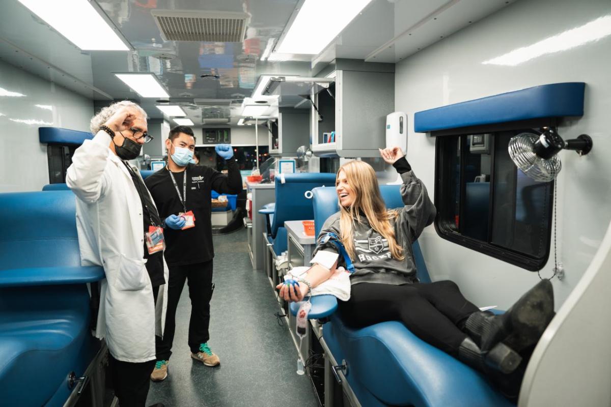 An LA Kings fan donates blood during the LA Kings and CHLA's January blood drives.