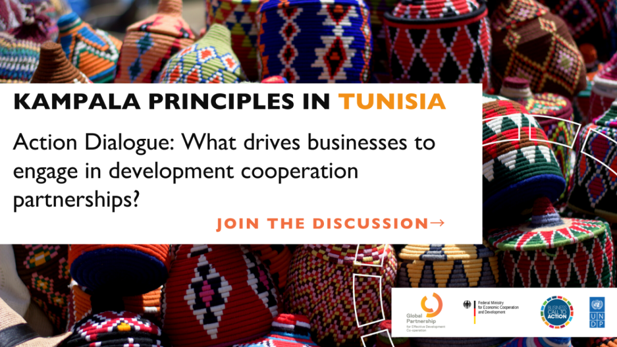 Banner image reading, "Kampala Principles in Tunisia: Action in dialogue: What drives businesses to engage in development cooperation partnerships? Join the discussion."