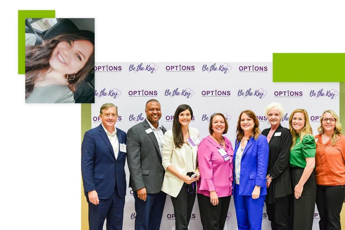 Kalie Stephens and others in front of a sign for OPTIONS