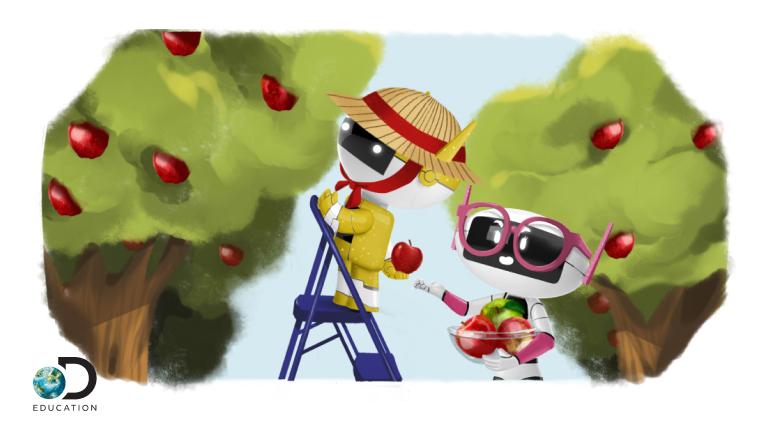 Illustrated characters in an apple tree