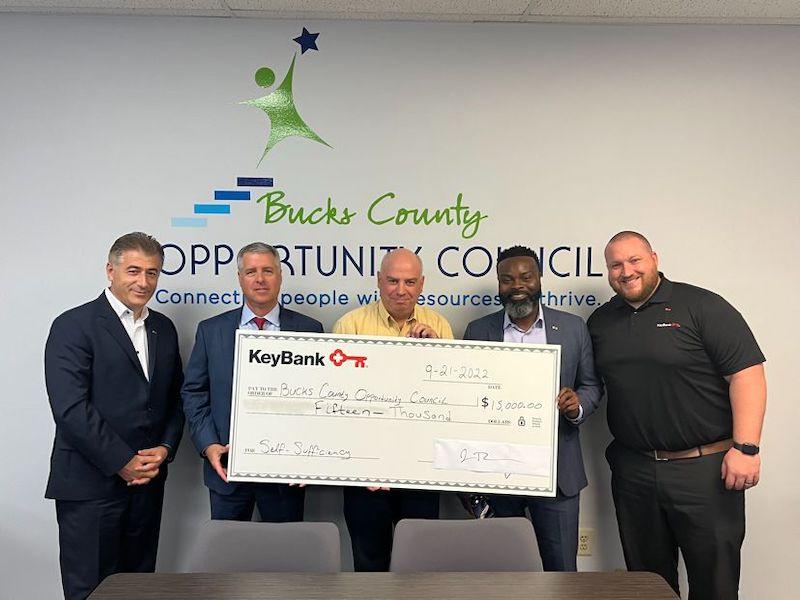 Pictured from left: Louis Hoxha, KeyBank Regional Retail Leader; Jamie Tranfalia, KeyBank Market President Eastern PA & Southern NJ; Joe Cuozzo, Director of Development, Bucks County Opportunity Council; Chiwuike Owunwanne, KeyBank Corporate Responsibility Officer; William Bray, KeyBank Branch Manager, Doylestown.  