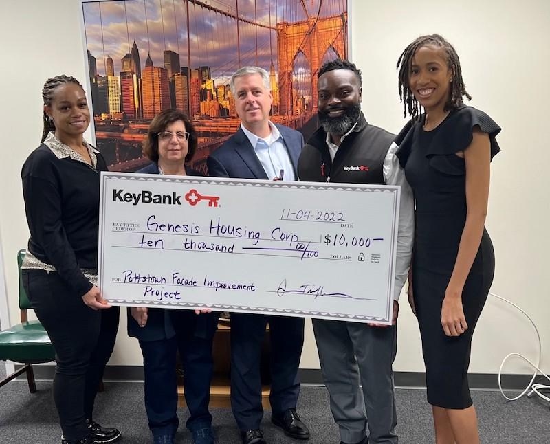 Pictured (from left) from Genesis Housing Corporation is Program Assistant Angel Smith and Executive Director, Judith Memberg, and from KeyBank is Market President Jamie Tranfalia, Corporate Responsibility Officers Chiwuike Owunwanne, and Norristown Branch Manager Ashley Bowen.  