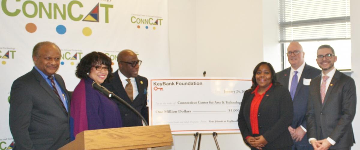 KeyBank presented a $1 million grant to support the Connecticut Center for Arts and Technology (ConnCAT) job training, educational and career advancement programs. Pictured are: ConnCAT Board President Carlton Highsmith, KeyBank Foundation CEO and Chair Margot Copeland, ConnCAT CEO and President Erik Clemons, KeyBank’s LaKisha Jordan, KeyBank’s Connecticut Market President Jeff Hubbard and KeyBank Foundation’s Eric Brown.