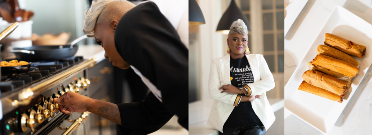 Collage of LaToya Larkin, cooking, and tamales on a plate.