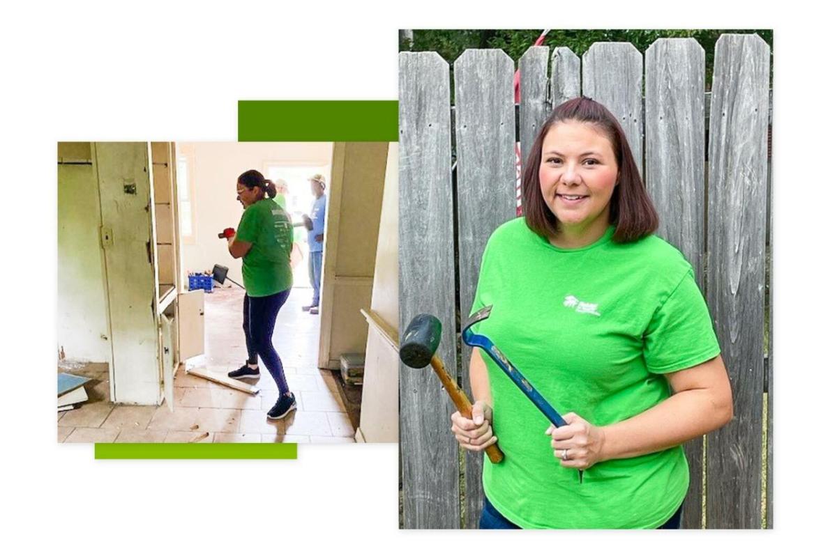 Laura Withers volunteering in a home demolition.