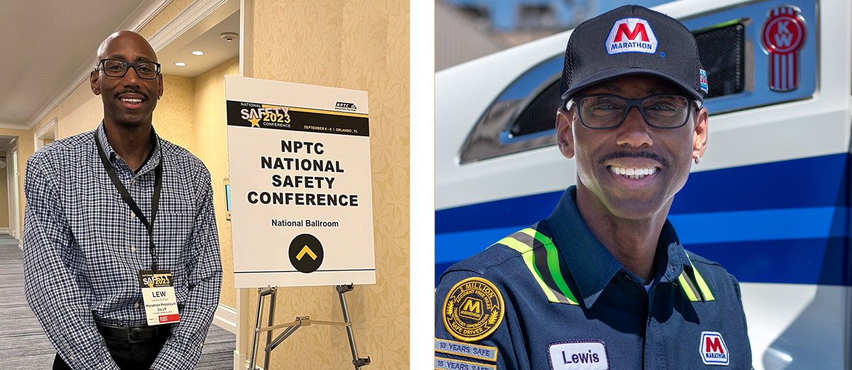 Two photo's of Lewis Clifton side by side. On the left, Lewis Clifton stood next to a sign board that reads 'NPTC national safety conference'. On the right is an image of Lewis Clifton in a blue uniform with the Marathon logo on 