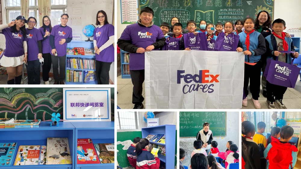 Collage of pictures of FedEx volunteers with students