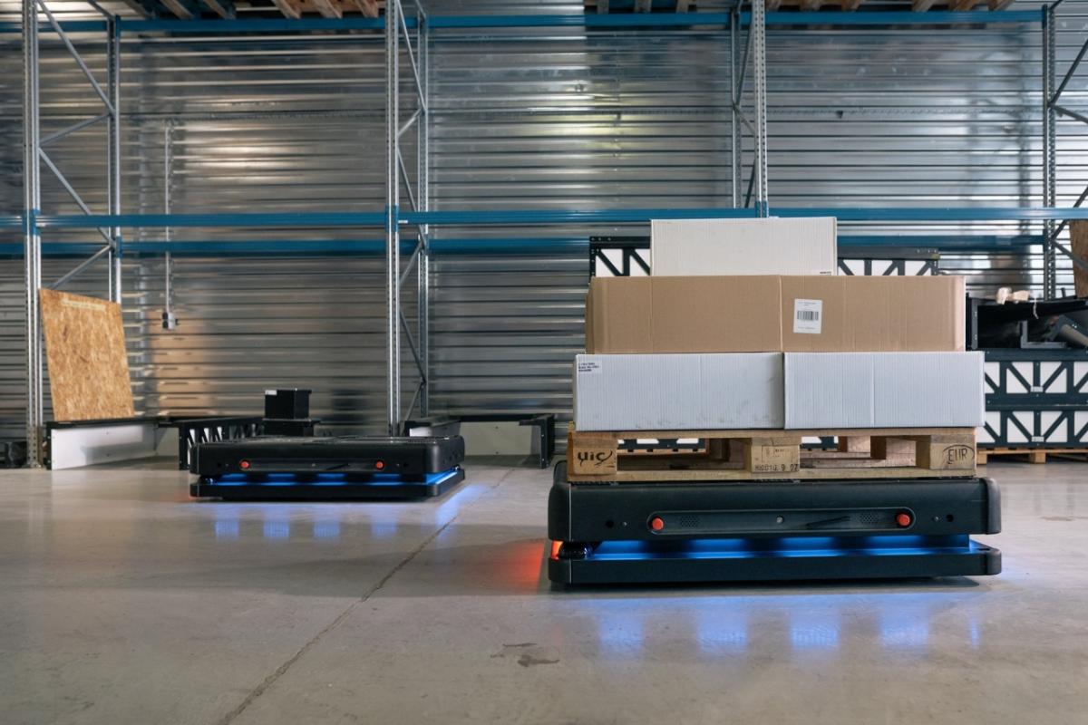 two mobile warehouse robots