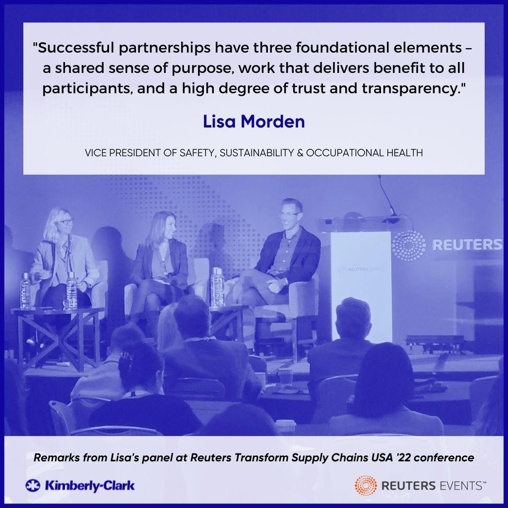 Three people are seated on a stage in front of an audience. Quote from Lisa Morden: "Successful partnerships have three foundational elements - a shared sense of purpose, work that delivers benefit to all participants, and a high degree of trust and transparency." 