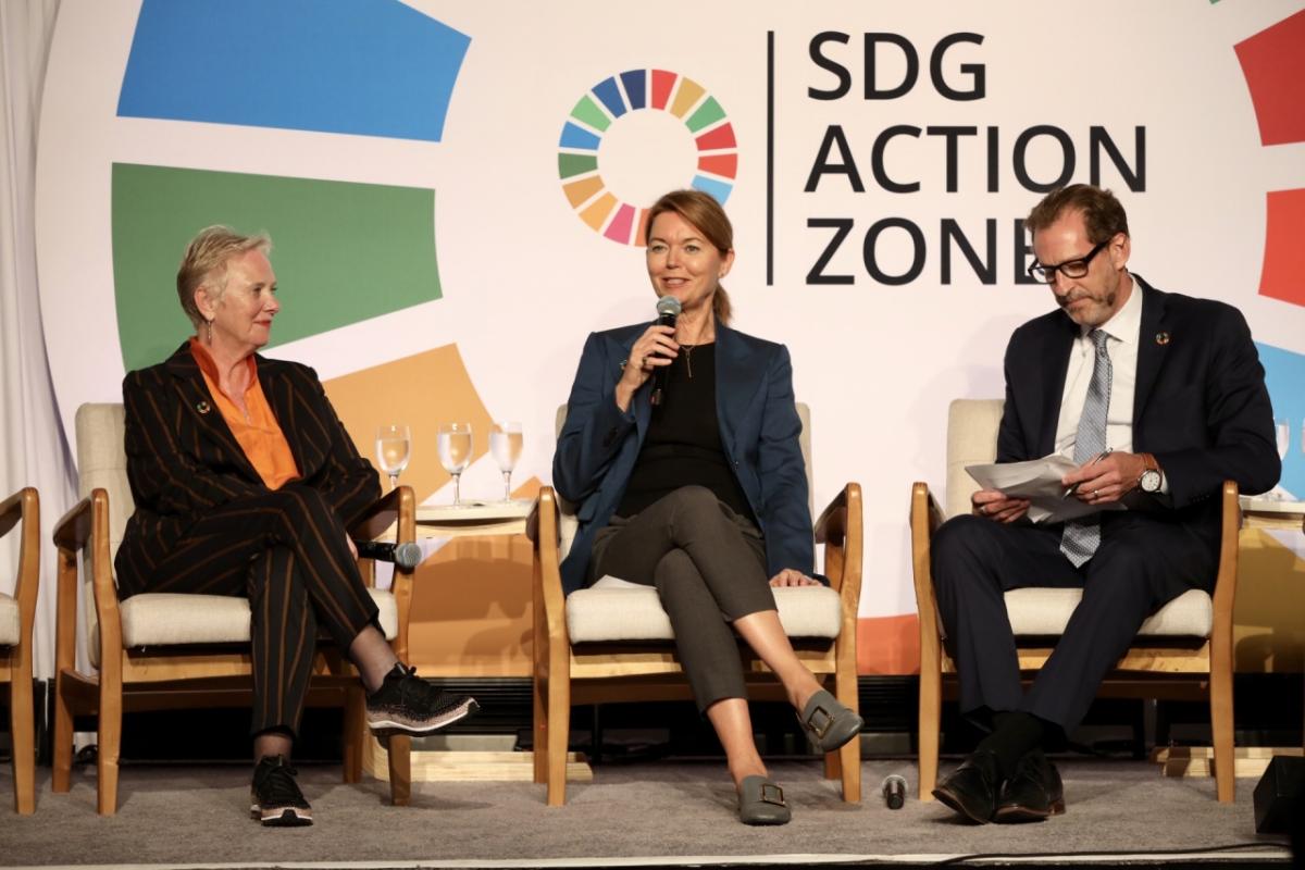 Ann Cairns, Executive Vice Chairman of Mastercard; Lise Kingo, CEO and Executive Director of the UN Global Compact; and Robert Skinner, Executive Director of the UN Office for Partnerships at the Trailblazing Women Reception on the sidelines of the 74th session of the UN General Assembly.